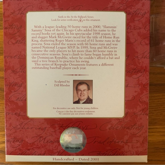 🎄2/20🎄 Hallmark Keepsake Ornament ~ Sammy Sosa At the Ballpark - Picture 2 of 2